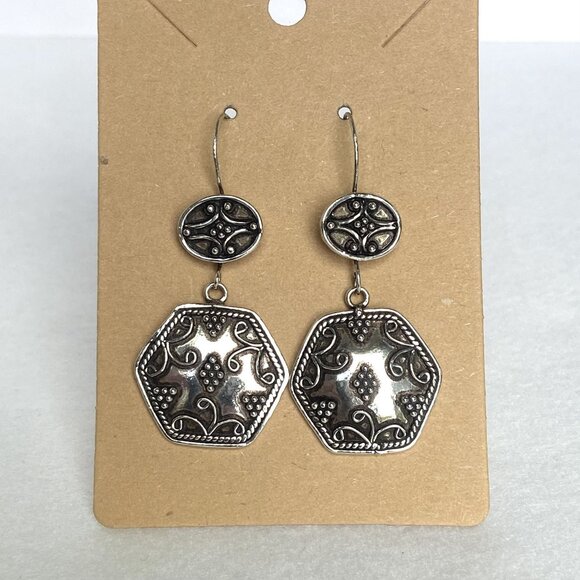 VTG Sterling Silver 925 Etruscan Moroccan Style Hexagonal Drop Dangle Earrings - Picture 16 of 16